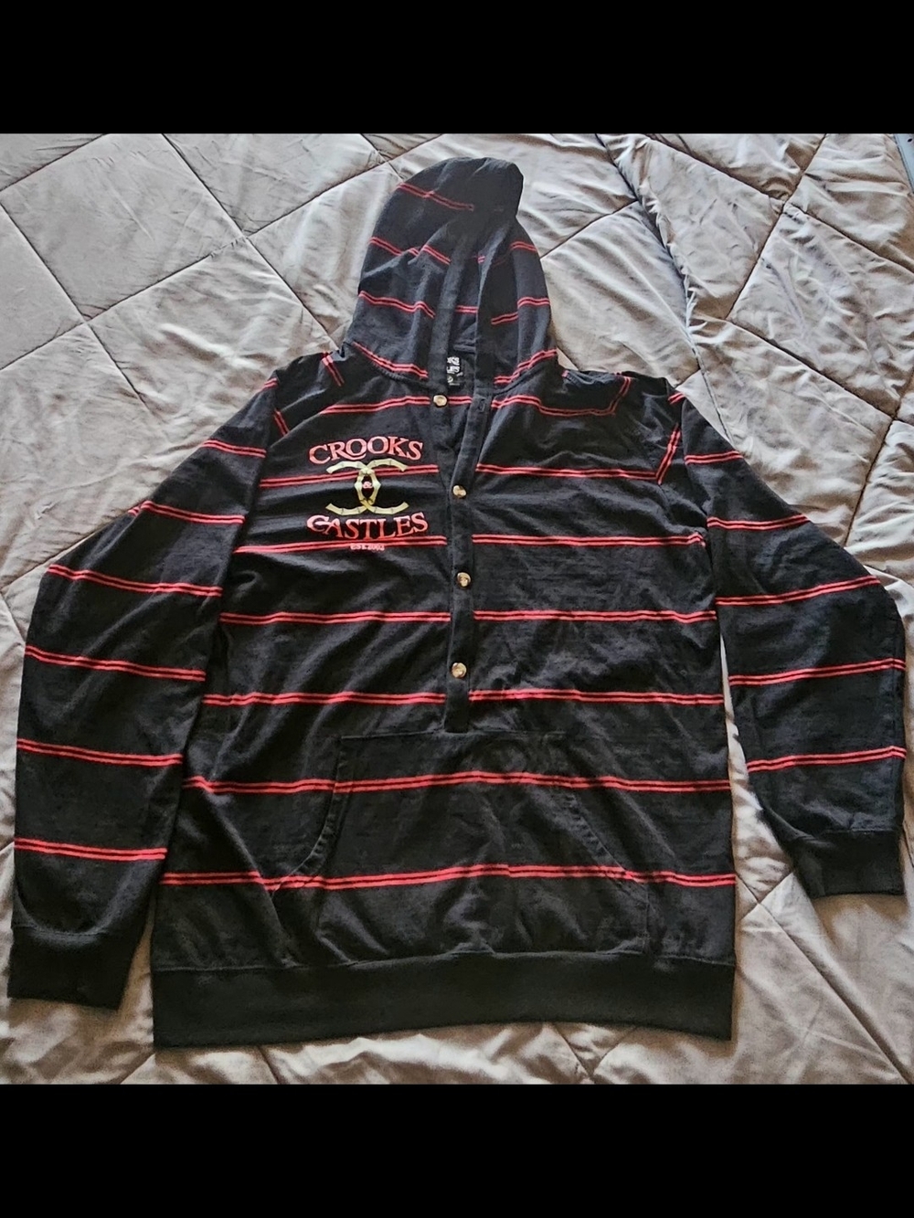 Crooks & Castles Black Hoodie with Red Stripes and Embroidered Logo